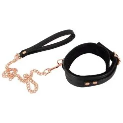 Choker Avec Laisse En Cuir Doublé Fourrure - Noir Et Or Rose
