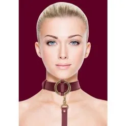 Collier Avec Laisse En Simili Cuir - Bordeaux Et Doré -Lingerie boutique collier laisse simili cuir bordeaux 3