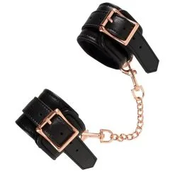 Menottes En Cuir Doublées Fourrure - Noir Et Or Rose -Lingerie boutique menottes cuir rosegold 3