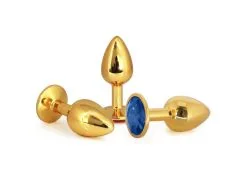 Plug Anal En Aluminium Doré Avec Cristal Bleu - Taille M -Lingerie boutique plug aluminium dore cristal bleu medium 1 1