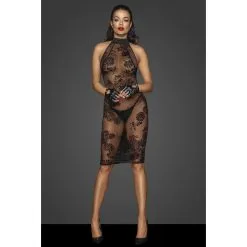 Noir Handmade Robe En Résille Transparent Motif Fleuri Et Dos En Lanières -Lingerie boutique robe courte resille motif fleuri dos lace 2