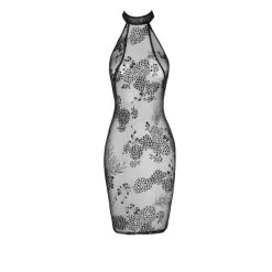 Noir Handmade Robe En Résille Transparent Motif Fleuri Et Dos En Lanières