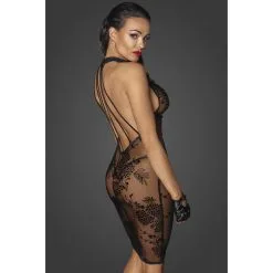 Noir Handmade Robe En Résille Transparent Motif Fleuri Et Dos En Lanières -Lingerie boutique robe courte resille motif fleuri dos lace 5