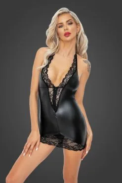 Noir Handmade Robe Fine En Wetlook Bordée De Dentelle