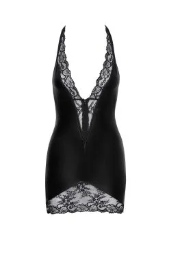 Noir Handmade Robe Fine En Wetlook Bordée De Dentelle -Lingerie boutique robe courte wetlook bordee dentelle fine 3