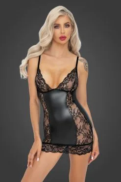 Noir Handmade Robe Courte En Dentelle Transparente Et Wetlook Mat