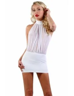 Robe Courte Dos Nu En Lycra Et Résille Transparente - Blanche -Lingerie boutique robe drapee blanche 1