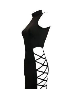 E.L.F. Zhou London Robe Longue Ajourée Sur Les Hanches - Obsidian -Lingerie boutique robe longue ajouree bondage obsidian 3