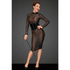 Noir Handmade Robe Longue En Résille Transparente à Rayures -Lingerie boutique robe longue rayures manches longues 1