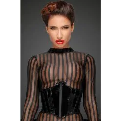 Noir Handmade Robe Longue En Résille Transparente à Rayures -Lingerie boutique robe longue rayures manches longues 2