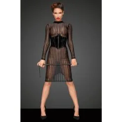 Noir Handmade Robe Longue En Résille Transparente à Rayures -Lingerie boutique robe longue rayures manches longues 3