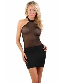 Robe Courte En Lycra Et Résille Transparente - Noire -Lingerie boutique robe lycra resille noire 1