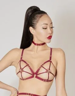 E.L.F. Zhou London Soutien-gorge Harnais Avec Attaches Or - Cage O-ring Bra Bordeaux
